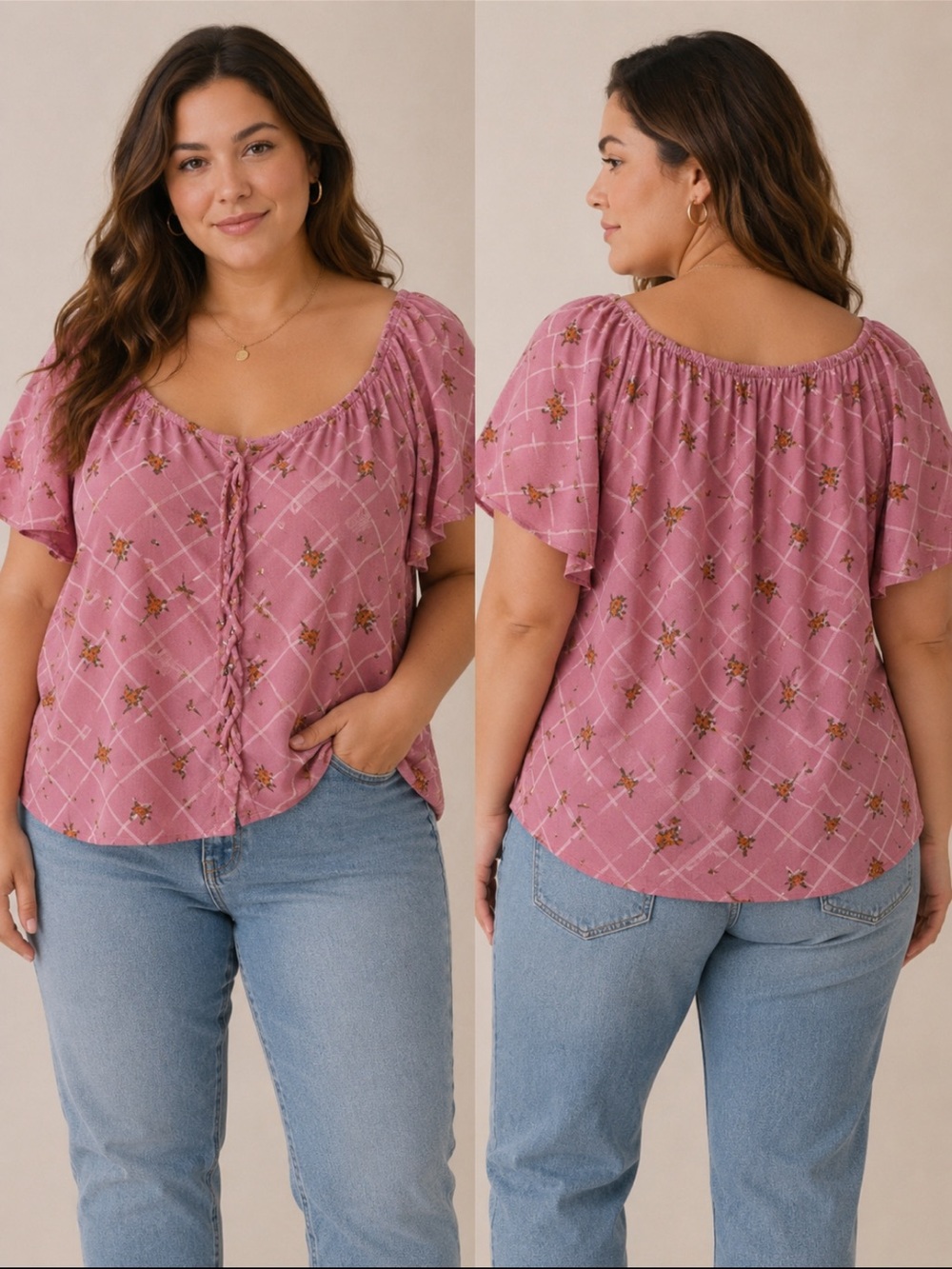 SO Pink Floral Cottagecore Blouse, Puff Sleeve Lace Up Top, Size XL